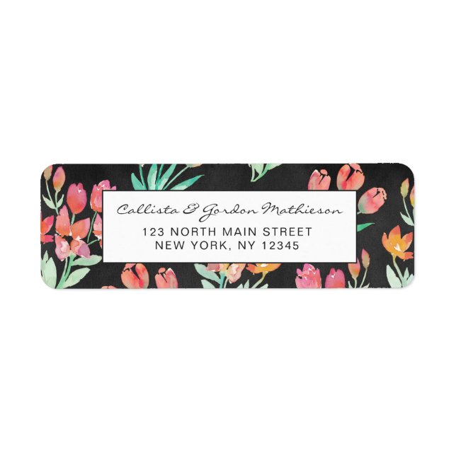 Étiquette Moderne Black Orange Rouge Tulips Floral Aquarelle (Devant)
