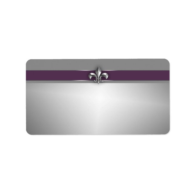 Étiquette Moderne Eggplant Purple Argent Fleur de Lis (Devant)