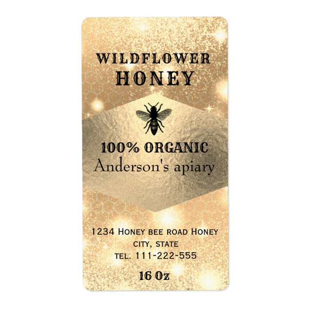 Étiquette Moderne élégant logo or brillant abeille pot de mi (Devant)
