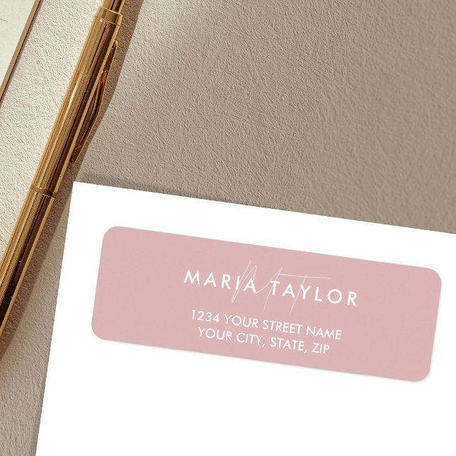 Étiquette Moderne Élégant Simple Monogramme Élégant Rose Cla (modern simple monogram Blush Pink return address label)