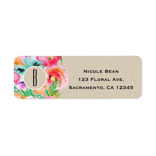 Étiquette Moderne Mariage Floral Marron Kraft Clair (Devant)