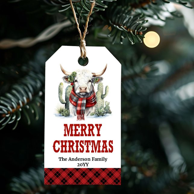 Étiquette modifiable à carreaux de Noël occidental (Western Christmas plaid editable tag highland cow)