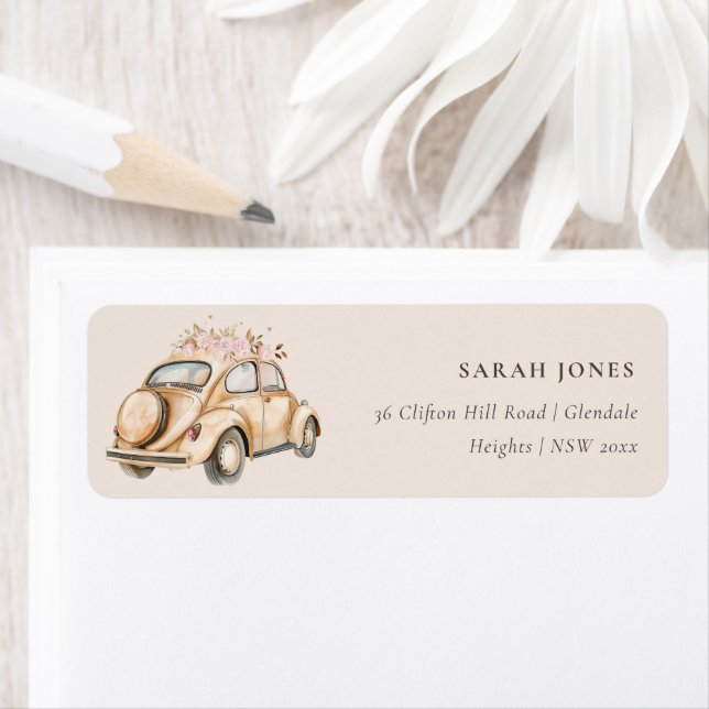 Étiquette Moelleux flush Vintage Voiture Mariage aquarelle (En situation)