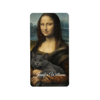 Étiquette Mona Lisa tenant un élégant chat gris
