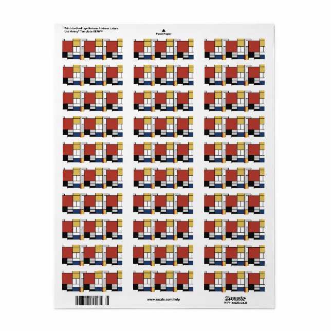 Étiquette Mondrian Peinture Rouge Plane Jaune Noir Gris Bleu (Feuille entière)