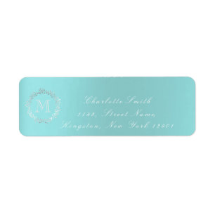 Étiquette Monogram Aqua Blue Grey Silver Wreath Blush RSVP