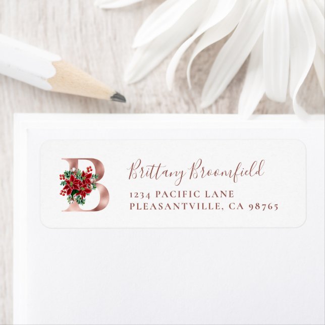 Étiquette monogram B Christmas Rose Gold Return Address (En situation)