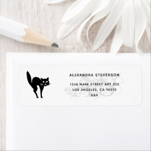 Étiquette Monogram B&W Halloween Spooky Cat Return Address