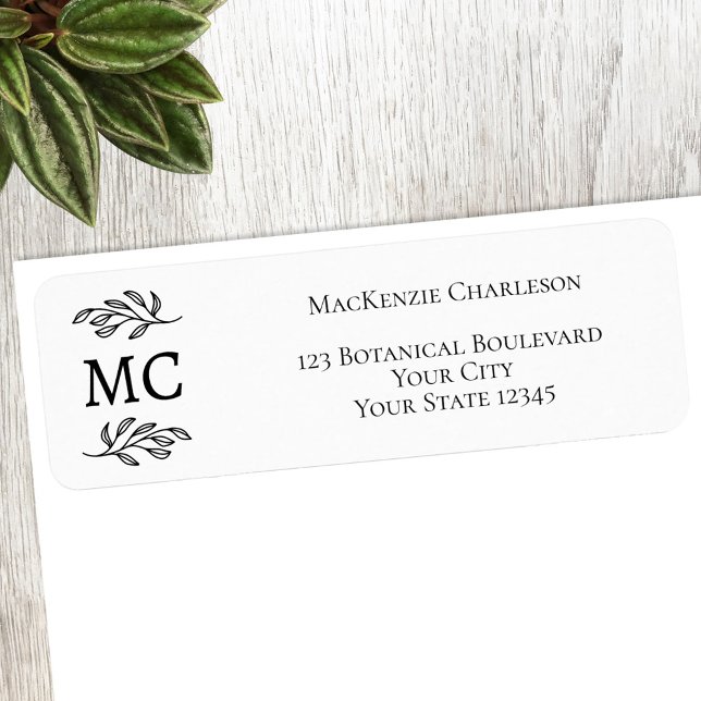 Étiquette Monogram Botanical Leaf Line Art Return Address (Monogram initial classical botanical personalized return address postage labels)