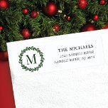 Étiquette Monogram Christmas Wreath<br><div class="desc">Adresse de retour de Noël festive avec une feuille verte encadrant votre set initial sur un arrière - plan blanc classique.</div>