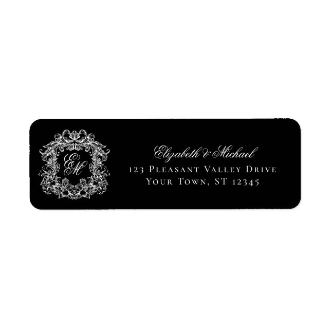 Étiquette Monogram Crest Black Wedding Return Address (Devant)