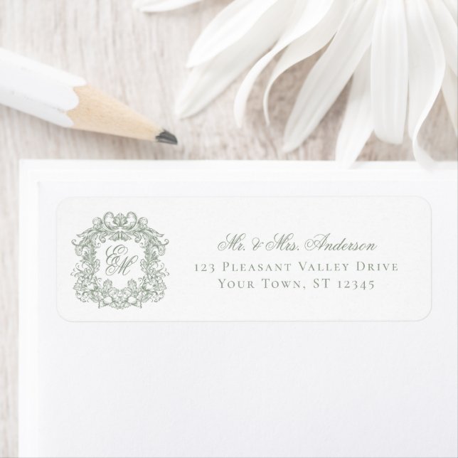 Étiquette Monogram Crest Sage Green Wedding Return Address (En situation)