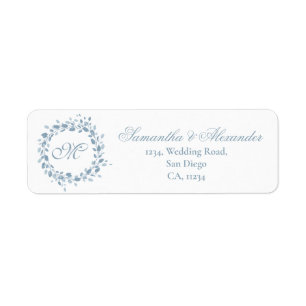 Étiquette Monogram Dusty Blue Floral Mariage Adresse de reto