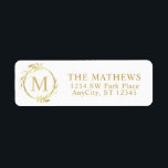 Étiquette Monogram Gold Christmas Wreath Return Address<br><div class="desc">Voici une élégante étiquette d'adresse de retour pour vos envois de vacances. Un design moderne et charmant d'une fausse couronne de Noël dorée encerclant votre initiale monogramme avec votre adresse de retour sur un arrière - plan blanc. Consultez mon magasin pour obtenir des produits gratuits et coordonnés. Si vous avez...</div>