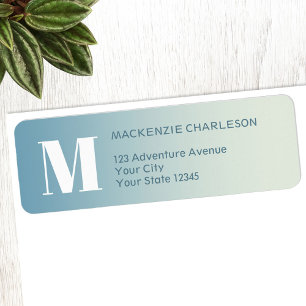 Étiquette Monogram Initial Turquoise Aqua Gradient Adresse d
