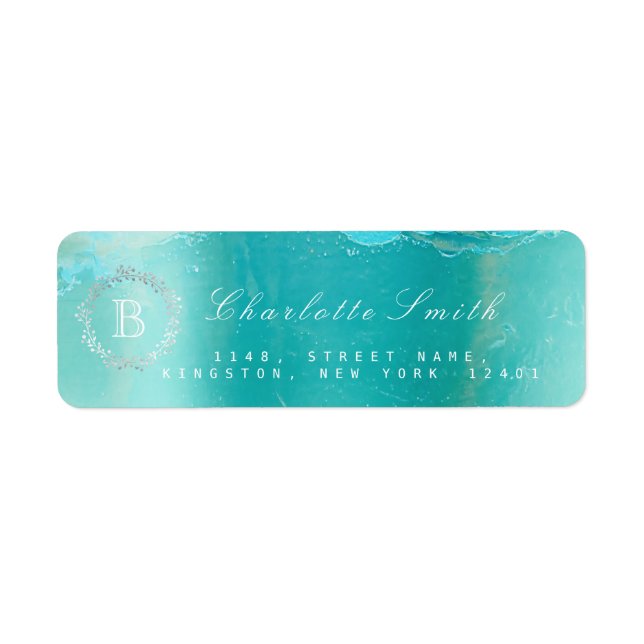 Étiquette Monogram Laurel Wreath Ocean Blue Adresse de retou (Devant)