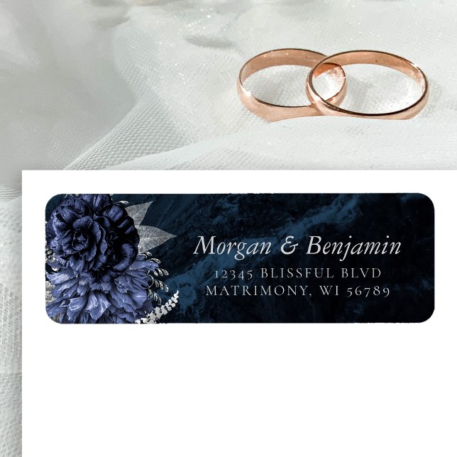 Étiquette Monogram Navy Blue Silver Floral Return Address (Créateur téléchargé)