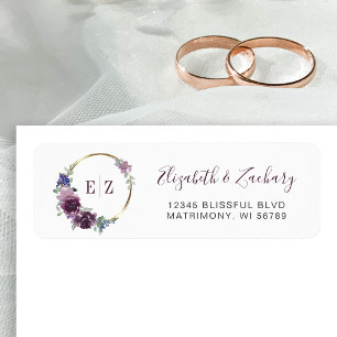 Étiquette Monogram Purple Floral Gold Hoop Adresse de retour