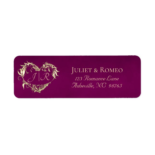 Étiquette Monogramme au cœur Adresse de retour - Prune (Devant)