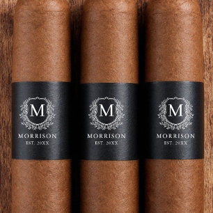 Étiquette Monogramme Black White Crest Mariage Cigar Band