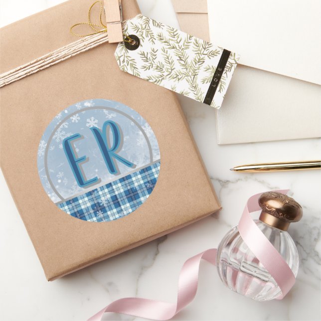 Étiquette Monogramme Bleu Élégant de Noël (Cadeaux)