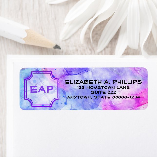 Étiquette Monogramme Bleu Violet rose Aquarelle Splash Perso (En situation)