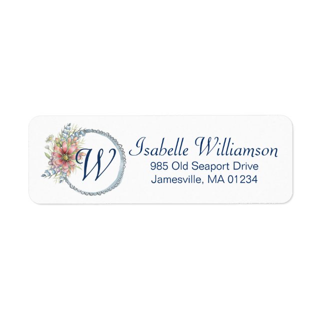 Étiquette Monogramme Blue Floral Wreath Return Adresse Label (Devant)