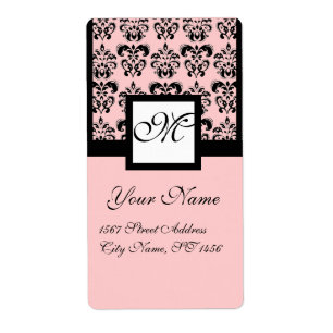 ÉTIQUETTE MONOGRAMME CARRÉ DE DAMASSÉ DE NOIR ET DE ROSE
