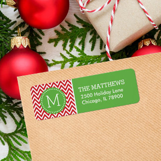 Étiquette Monogramme Chevron rouge et vert