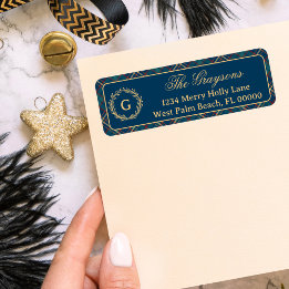 Étiquette Monogramme classique Courbe bleu Plaid Noël