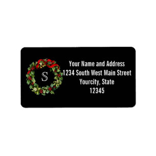 Étiquette Monogramme classique Holly Wreath Custom Christmas