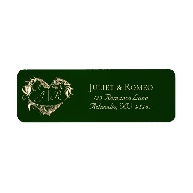 Étiquette Monogramme cœur Adresse de retour - Émeraude (Devant)