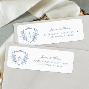 Étiquette Monogramme Crête Régence Bleu Adresse de Retour de