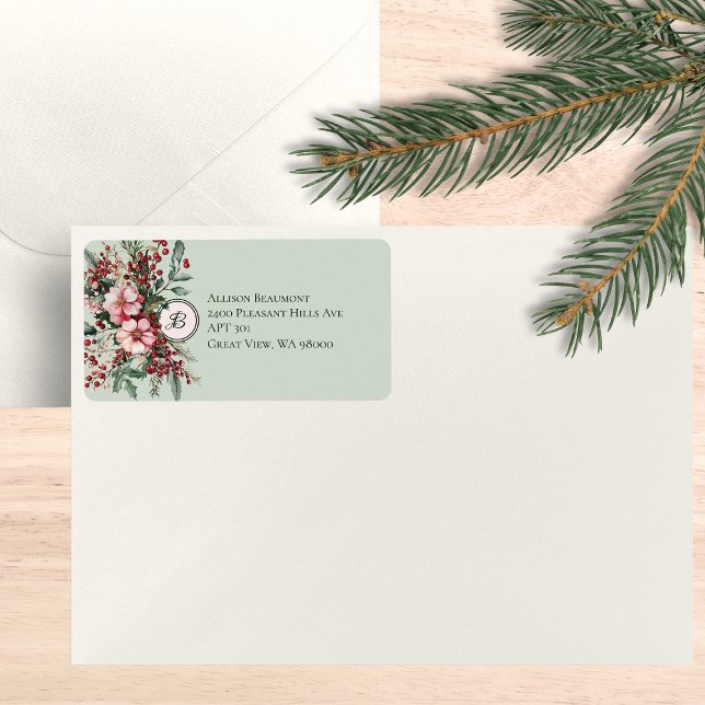 Étiquette Monogramme d'adresse aquarelle florale de Noël (Pink red and green watercolor Christmas floral, large return address label on an envelope.)