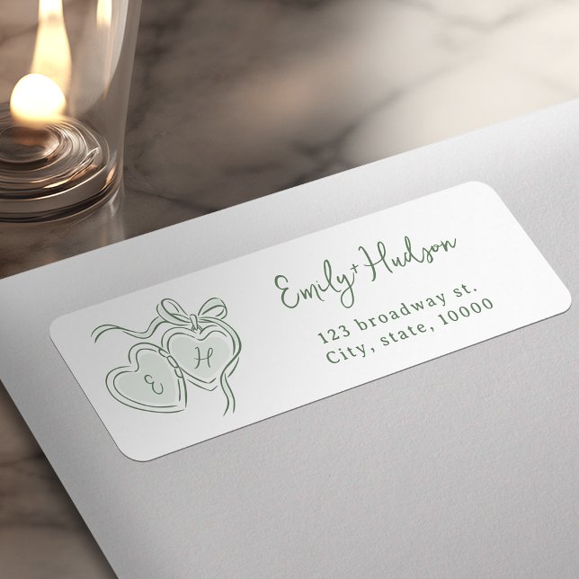 Étiquette Monogramme d'adresse de retour de coeurs dessinés  (Sage Hand Drawn Hearts Monogram return address Label)