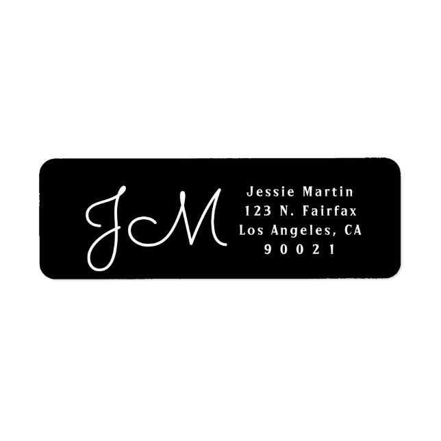 Étiquette Monogramme d'adresse de retour en script noir et b (Devant)