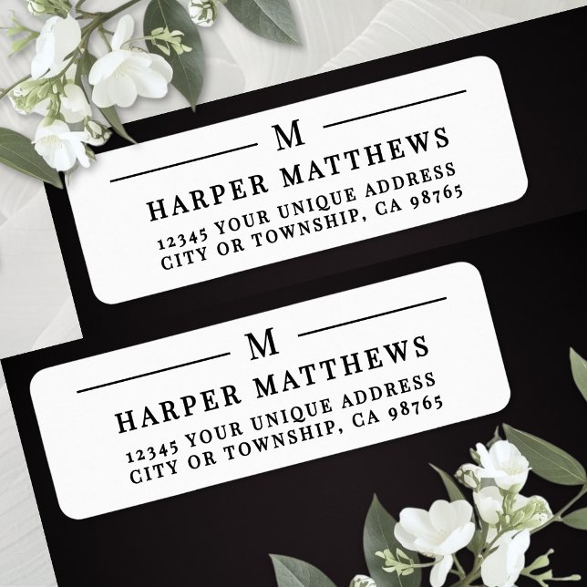 Étiquette Monogramme d'adresse de retour simple noir et blan (Black White Simple Monogram Return Address Label )