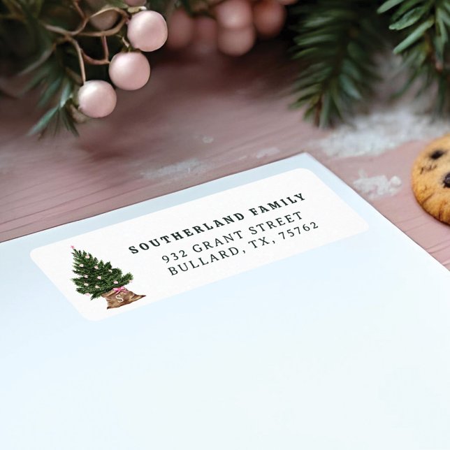 Étiquette Monogramme d'arbre de Noël rétro Vintage (Retro Vintage Watercolor Christmas Tree Monogram Label)