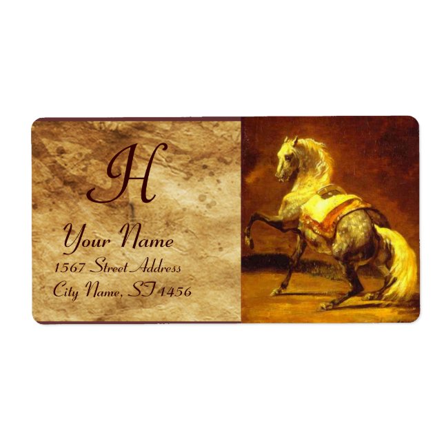 Étiquette MONOGRAMME DE CHEVAUX GRISES, brun, jaune or (Devant)
