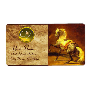 Étiquette MONOGRAMME DE CHEVAUX GRISES, jaune or brun