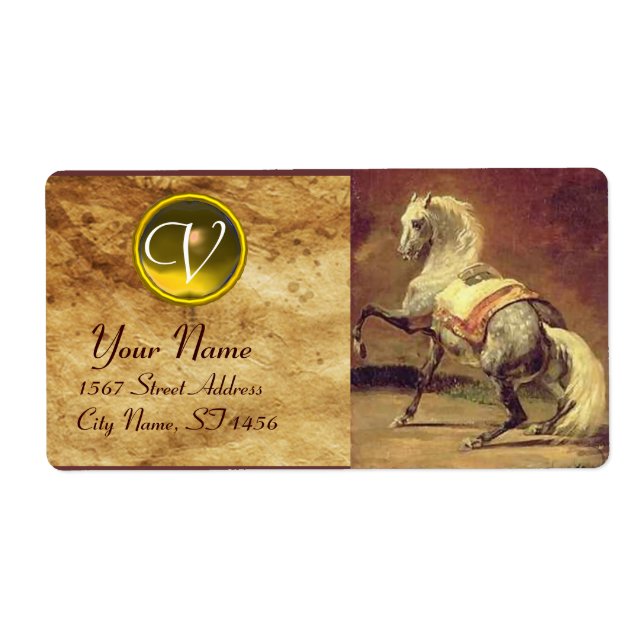 Étiquette MONOGRAMME DE CHEVAUX GRISES, jaune or brun (Devant)