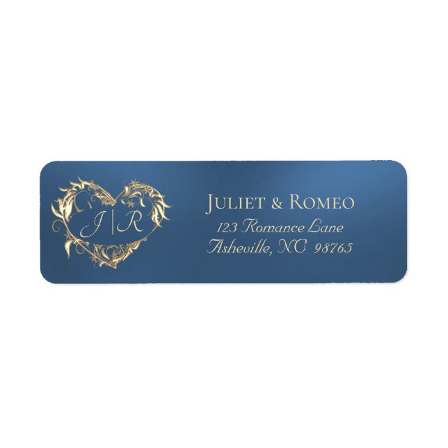 Étiquette Monogramme de cœur - Adresse de retour - Bleu (Devant)