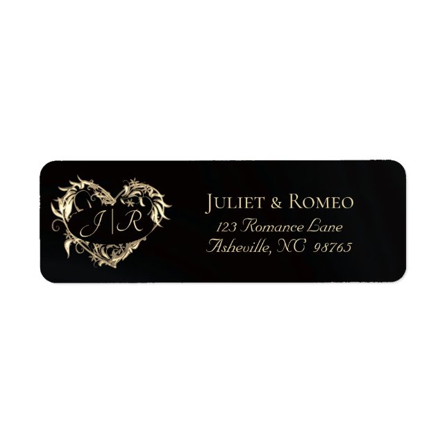Étiquette Monogramme de cœur - Adresse de retour - Noir (Devant)