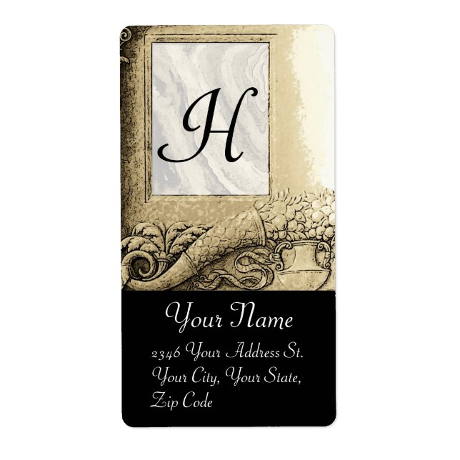 Étiquette MONOGRAMME DE CORNUCOPIE, gris noir et blanc (Devant)