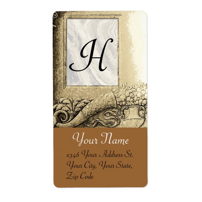 Étiquette MONOGRAMME DE CORNUCOPIE, noir et blanc gris brun (Devant)
