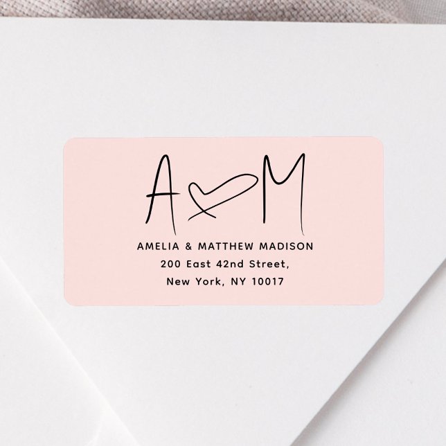 Étiquette Monogramme de couple Cœur Rose Adresse de Retour (Créateur téléchargé)