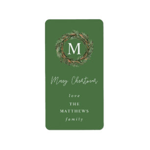 Étiquette Monogramme de couronne verte Joyeux Noël