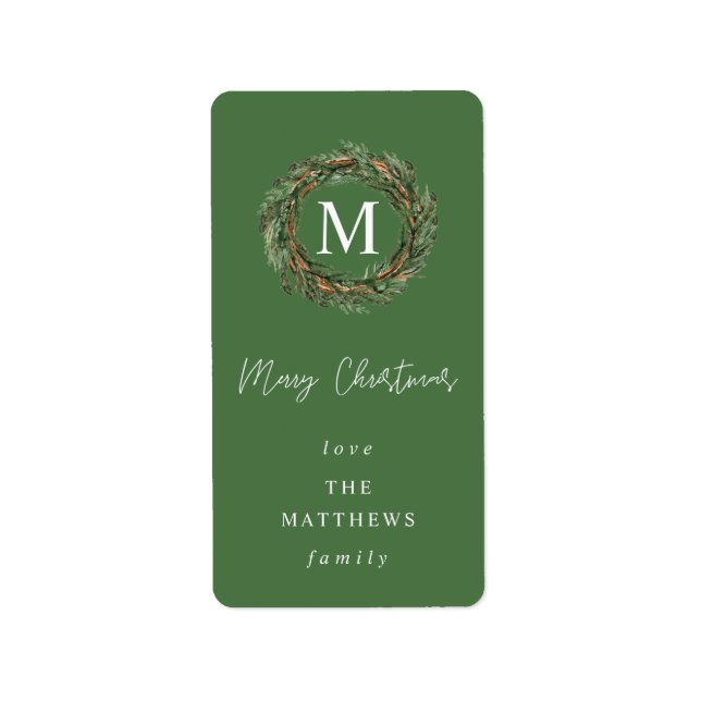 Étiquette Monogramme de couronne verte Joyeux Noël (Devant)