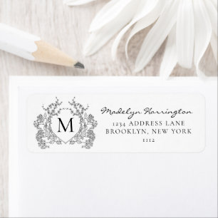 Étiquette Monogramme de crête florale noir et blanc classiqu