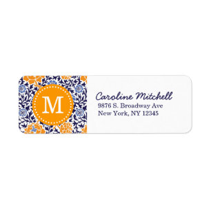 Étiquette Monogramme de Damas de la marine et de l'orange ré